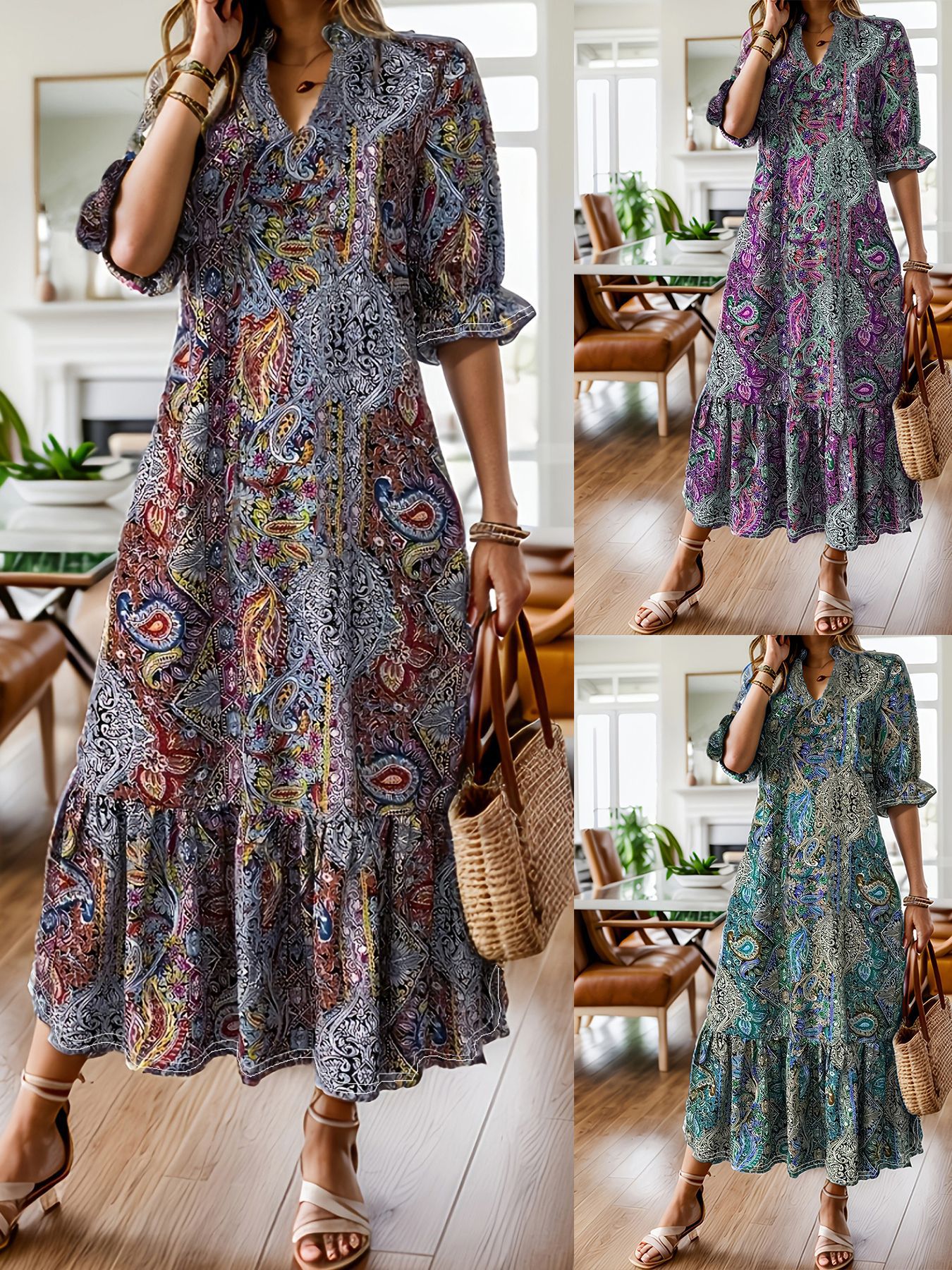 Spring and Summer 2025 New European and American Amazon Independent Station wish Cross-border Women's Printed V-neck Fashion dress Women