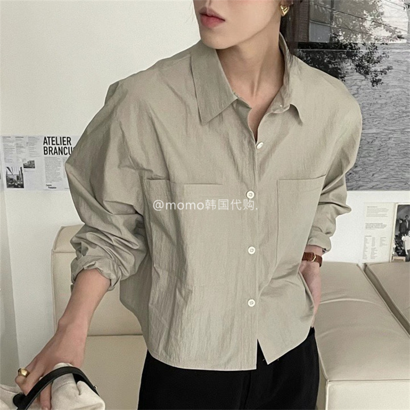Korean Style 1688 Spring New Style Lapel Long-Sleeved Commuter Shirt Tops Women's Short Double Flap Pocket Pants Pure Cotton Shirt Jacket