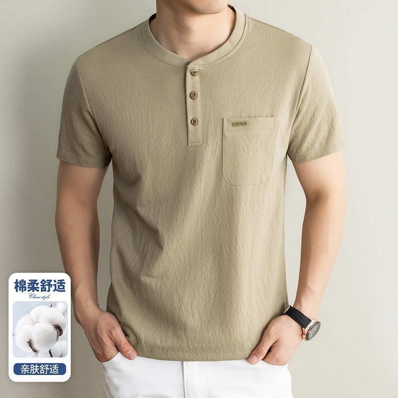 Cross-Border Foreign Trade Henry Collar Men's Linen T-Shirt, Casual Embroidered Shirt for Middle-Aged and Elderly Men, Dad's Clothing, Men's T-Shirt