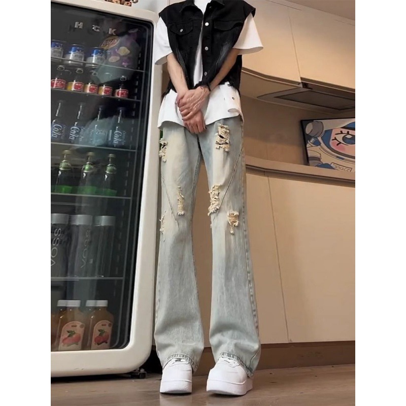 Ripped Jeans Men's Summer Thin American vibe High Street Loose Straight Trendyy Versatile Slightly Flared Trendy Men's Pants