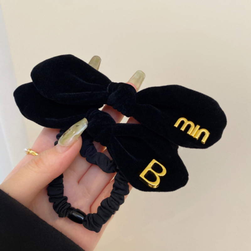 Black simple rabbit ears hair band letter bow small intestine ring female high-grade hair tie leather cover rubber band head rope