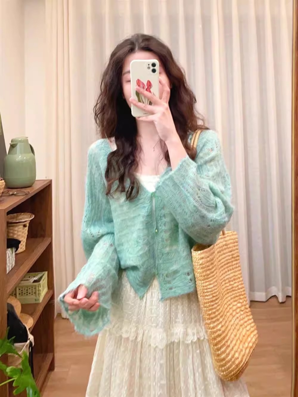 Mint Green Mohair Hollow-Out Knit Cardigan for Women, Loose-Fitting Outerwear Sweater Shawl Cover-Up for Spring and Summer