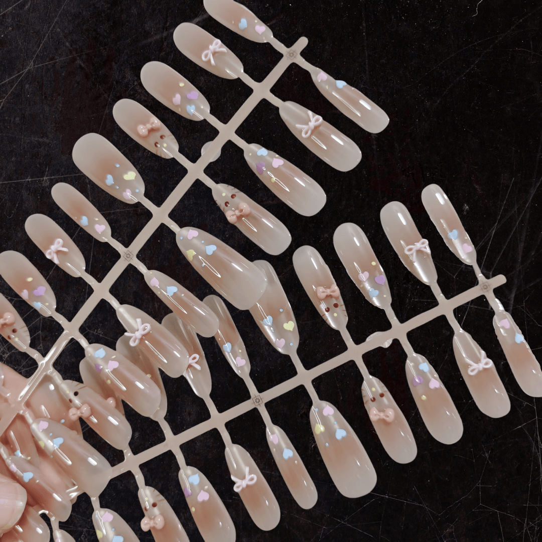 30-Piece Set of Wearable Nails T071 Cute Long Pointed Cat-Eye Style Cartoon Kt Cat Design for Girls, Brightening Effect, Versatile