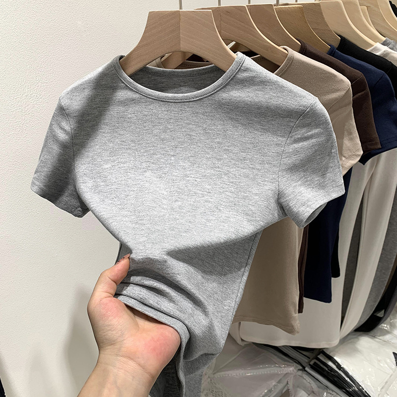 Round Neck Loose Elastic Short-sleeved T-shirt Women's Spring and Summer 2024 New Basic Casual Niche Sweet and Spicy Small Top