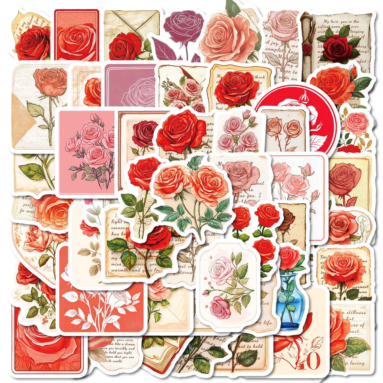 Cross-Border New 50 Retro Poster Style Rose Series Graffiti Stickers Non-Repeating Pp Waterproof Decorative Stickers