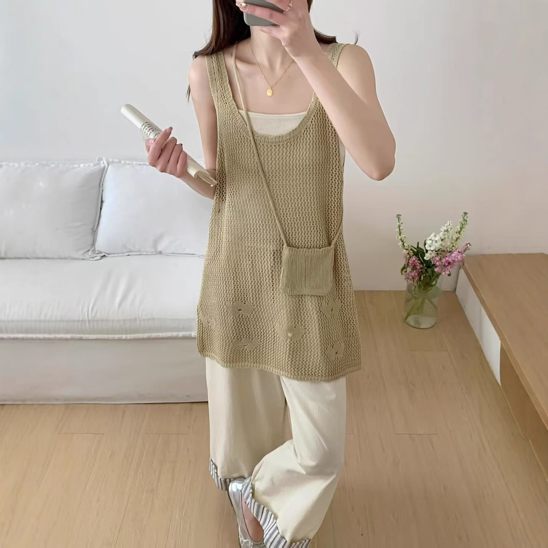 2025 Spring and Summer Thin Korean Style Versatile Hollow Knitted Layered Blouse Loose Casual Skirt with Exquisite Small Bag