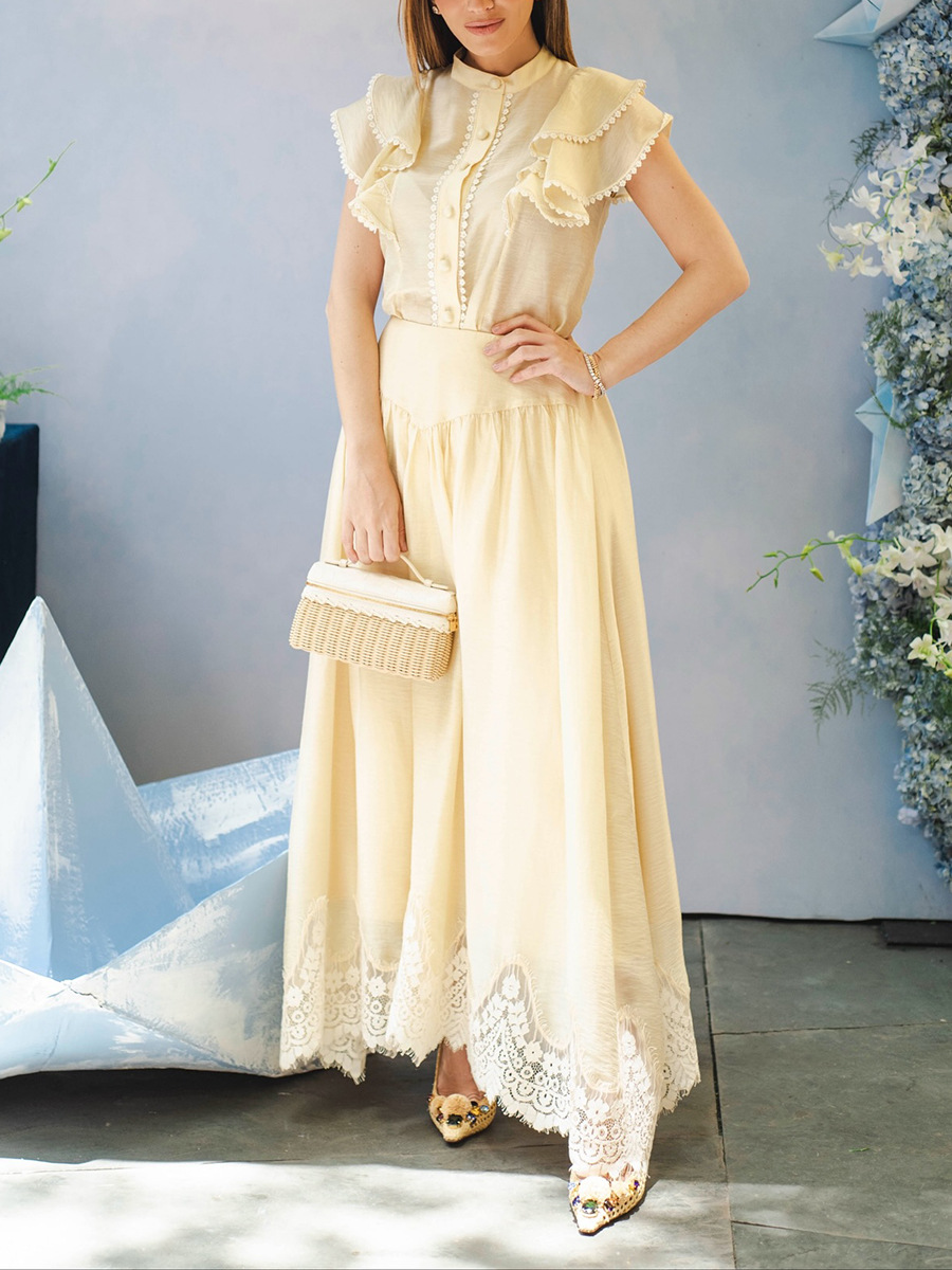 Retro Resort-Style Shirt, High-Waisted Skirt, Lace-Trimmed Patchwork Two-Piece Set, 2026 Summer New Women's Clothing Set