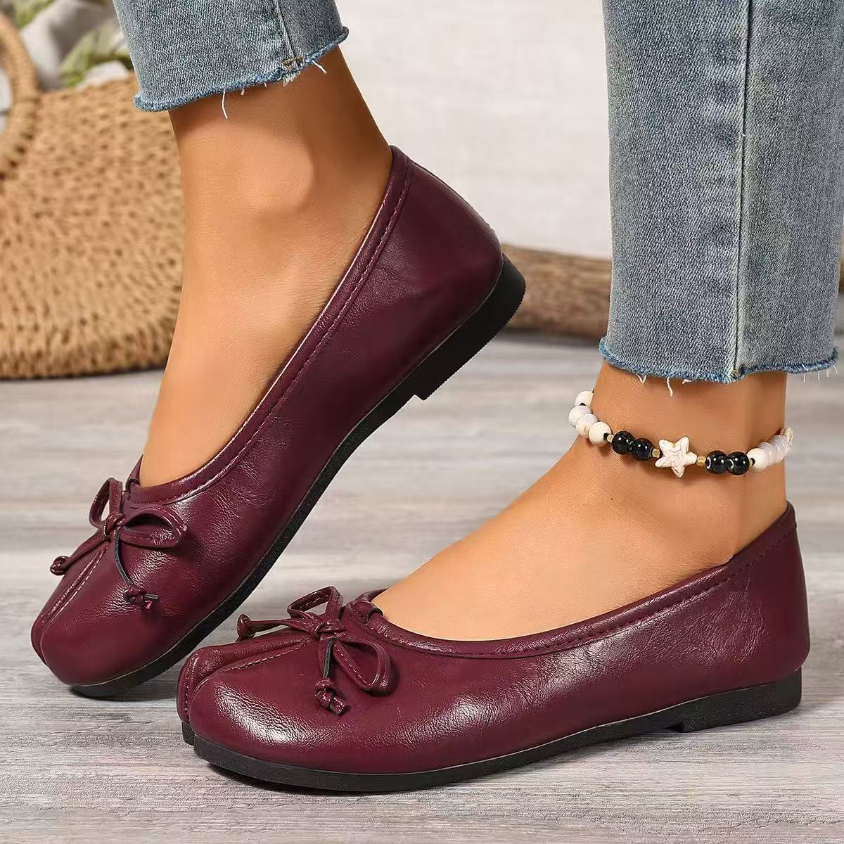 2026 Bowknot Flat Women's Shoes with Genuine Soft Soles, Casual Single Shoes for Women, Cross-Border Large Size Shoes, Large Size Ballet Flats