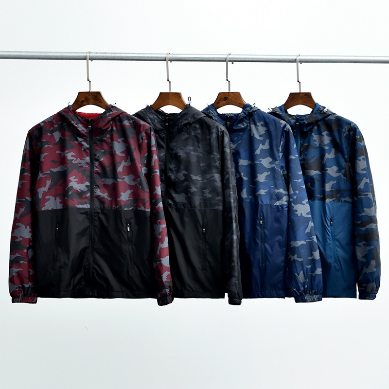 99017 New Large Size Fat Zipper Jacket Hooded Camouflage Windbreaker Men's Jacket Color Block Windproof Jacket Men
