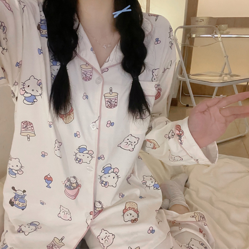 2026 New Popular European and American Style Cute Cartoon Kt Cat Long-Sleeve Lapel Women's Pajama Set Homewear Foreign Trade