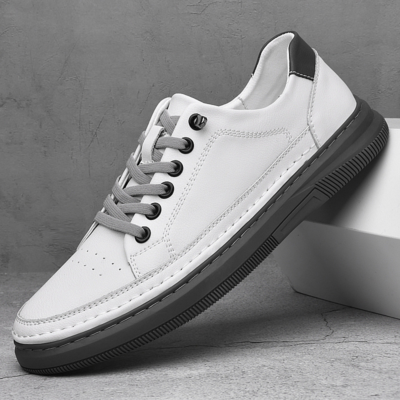 Men's Trendy Sneakers, Genuine Leather White Shoes, Flat Non-Slip Fashionable Versatile Casual Shoes, Trendy Shoes, Internet Celebrity Youth White Shoes