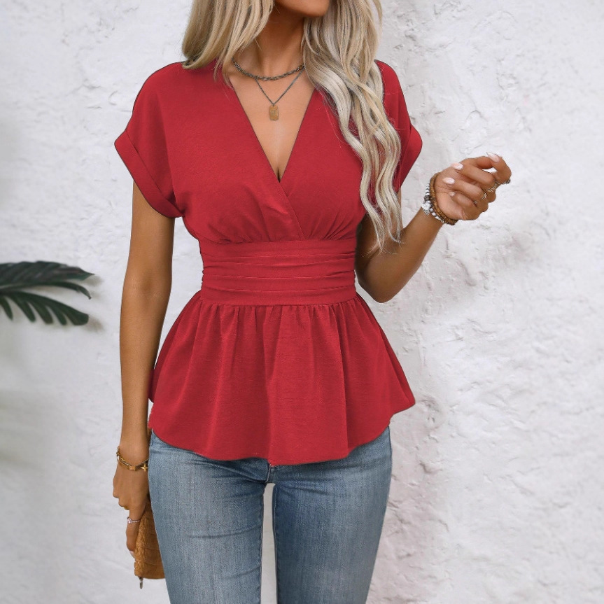 2026 Spring Cross-Border Amazon Independent Site Hot Sale V-Neck Waist-Cinching Solid Color Raglan Sleeve Pleated Hem T-Sleeve Women's Top