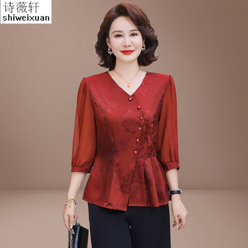 2025 New Summer Satin Women's Shirts for Middle-Aged and Elderly Mothers, Age-Reducing Irregular Tops, Elegant Slimming T-Shirts