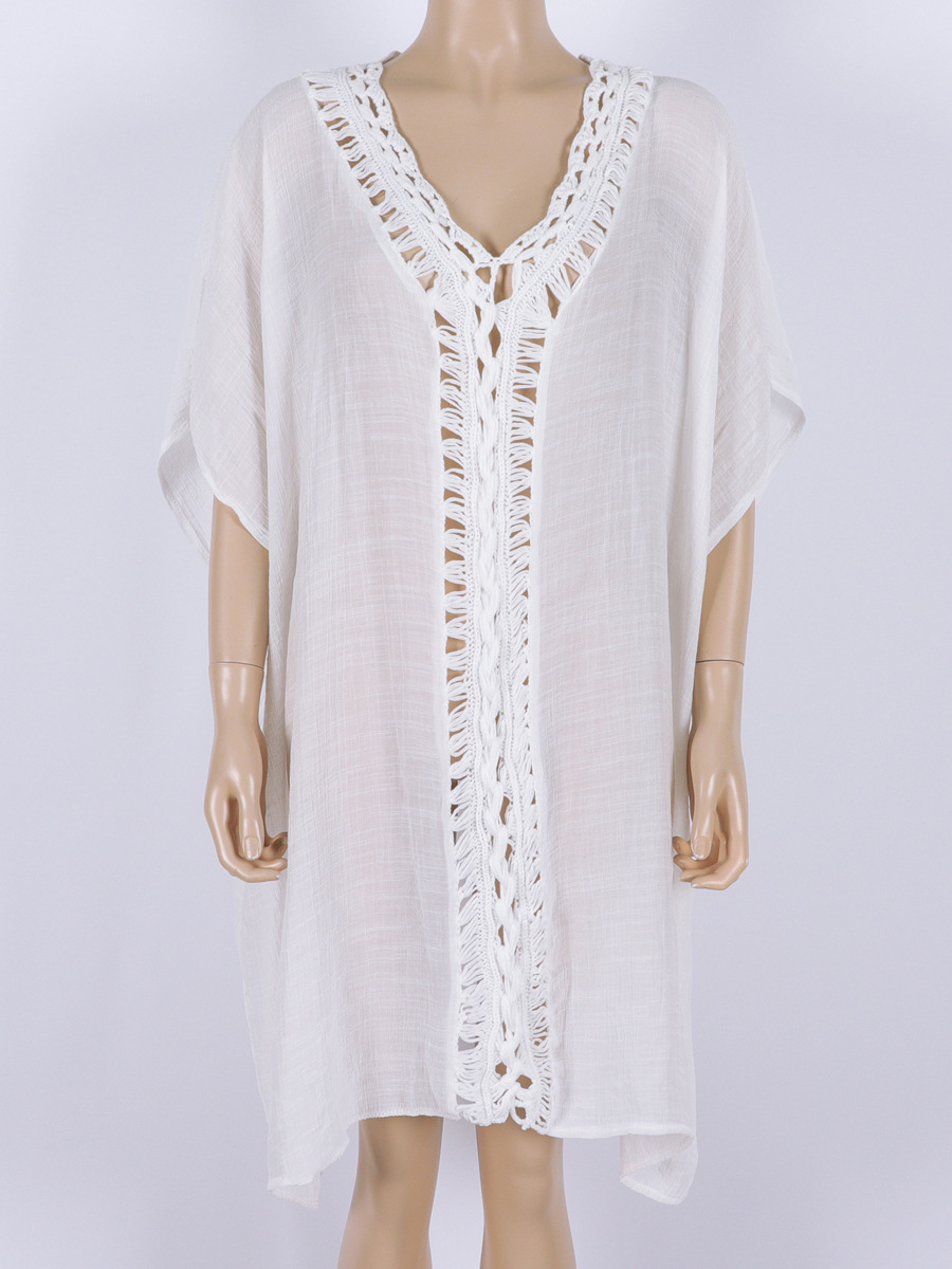 Summer Cross-Border Short-Sleeved Women's White Beach Sun Protection Cover-Up Sexy Large Size Hand Hook Hollow Swimsuit Manufacturer Wholesale
