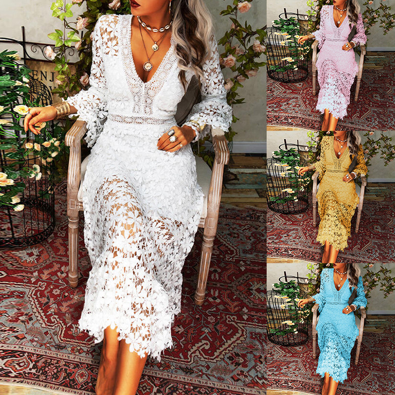 Cross-border Autumn New European and American Amazon Explosions Sexy Perspective Lace Long Sleeve V-Neck Large Swing Dress Women