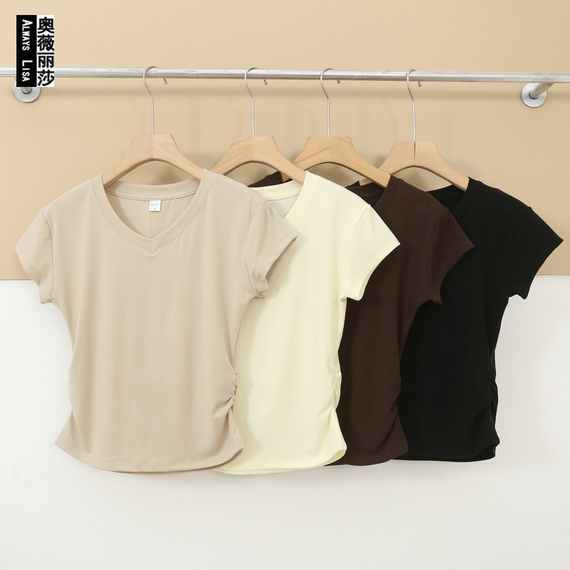 New V-Neck Regular Shoulder T-Shirt, Slim Fit Top with Pleated Waist, Summer Inner Layer Base Shirt, Versatile Short-Sleeve for Women