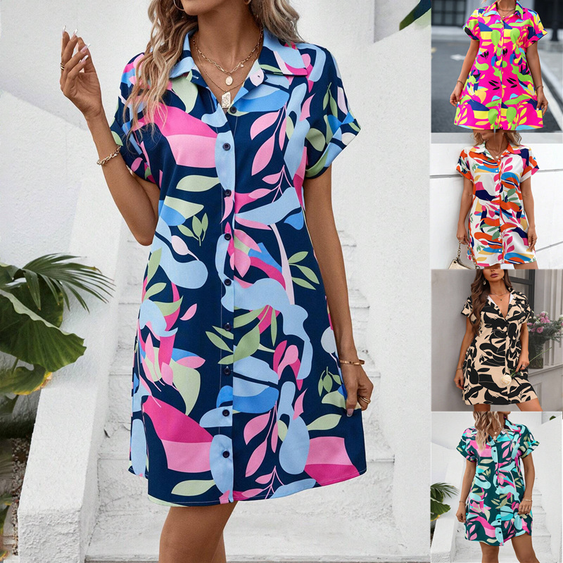 2026 European and American Amazon Cross-Border Women's Clothing Summer New Fashion Colorful Floral Print Cardigan Short-Sleeved Shirt Dress