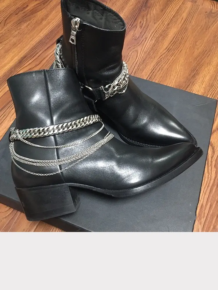 Chelsea Boots for Men, New European and American Style, Autumn and Winter, Warm, Fashionable, Unique Pointed Toe, Chain Height-Increasing, Chain Martin Leather Boots, Trendy