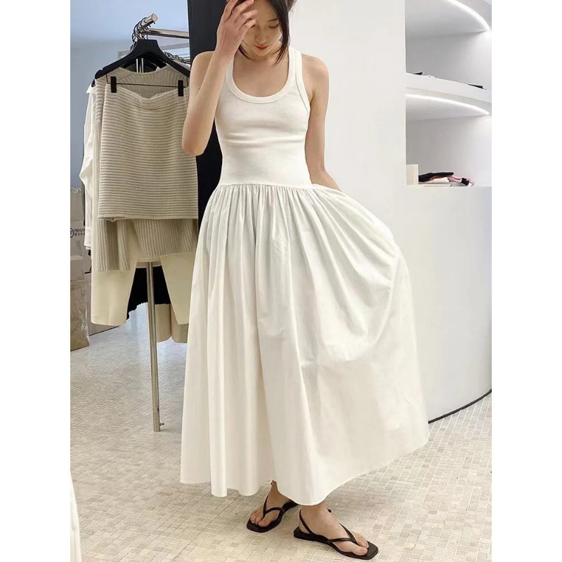 Longmei Pure Cotton Slim-Fit U-Neck Tank Dress 2026 Spring/Summer New Vkc Style Simple Patchwork Sleeveless Dress