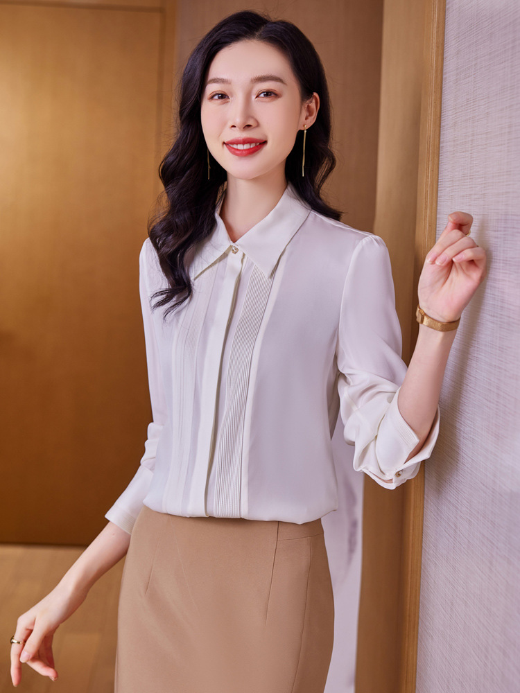 Spring New Style Pleated High-End Elegant Lapel Intellectual Silk Long-Sleeve Shirt Solid Color Versatile Blouse for Women