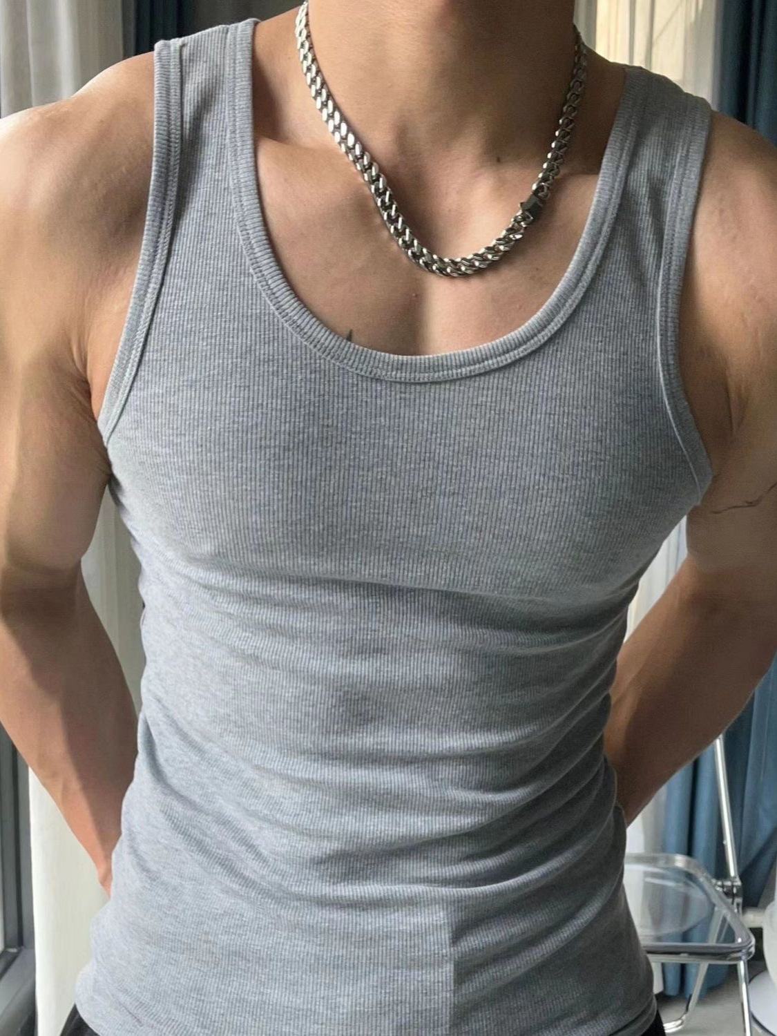Cotton Sweat Absorbing Tight Elastic Sleeveless I-Shaped Vest Sports Running Men's Fitness Clothes Training Waistcoat foto QC de 1688 en Qualit.ly