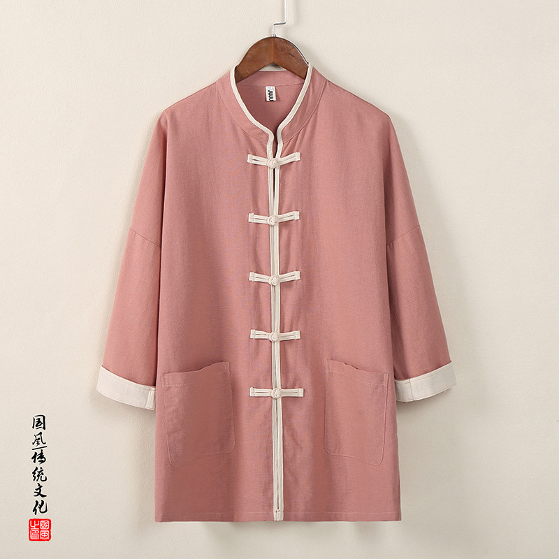 2024 Summer New Chinese Style Men's Cotton and Linen Seven-Sleeve Shirt for Men and Women Tang Clothing Chinese Retro Short-Sleeved Shirt