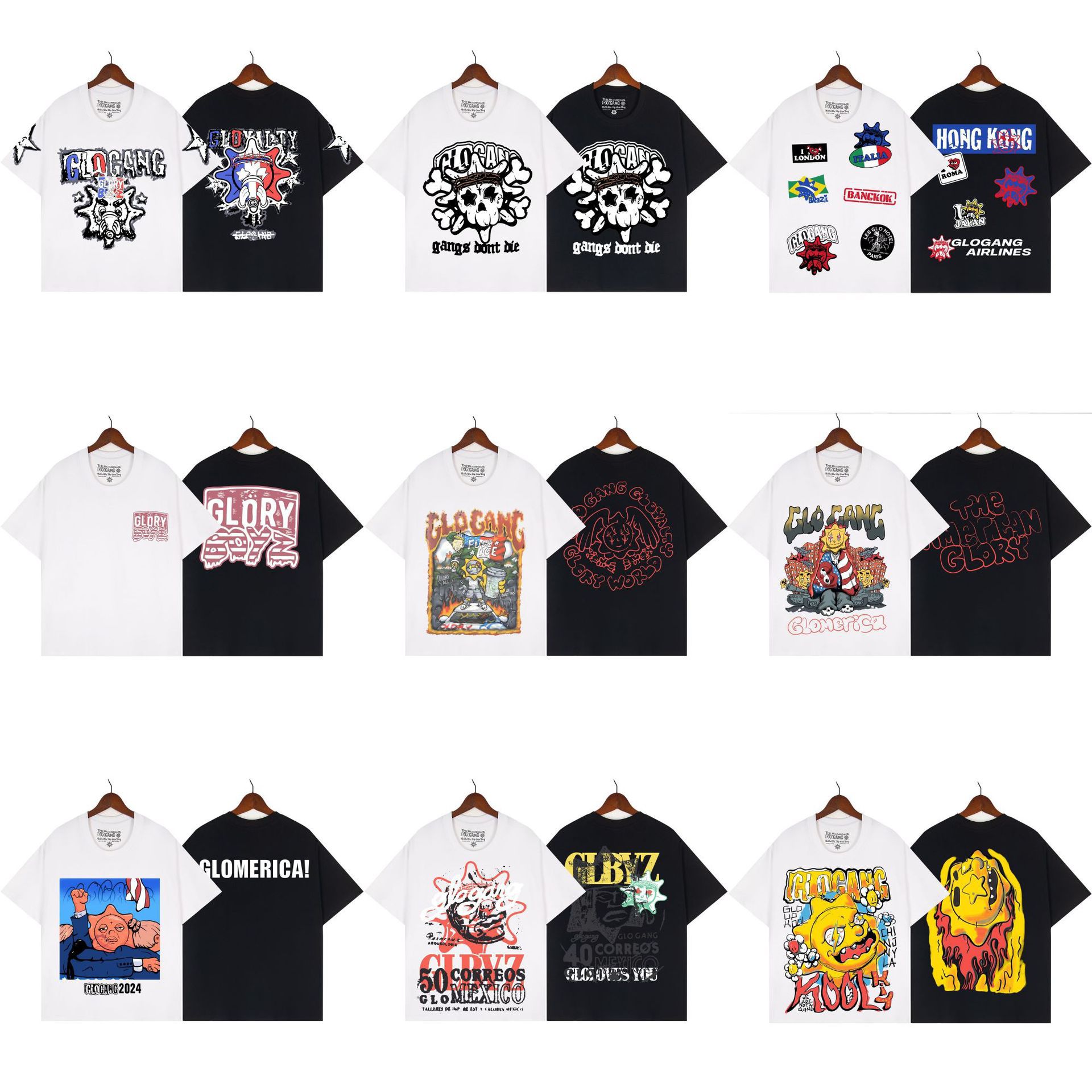 25Ss Cross-Border Foreign Trade European and American Street Style Zip Hoodie Glo Cartoon Print Short-Sleeved T-Shirt for Men and Women