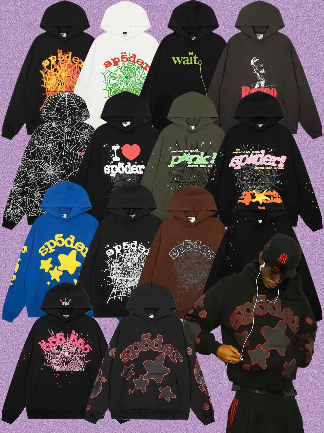 High version SP5DER American hip-hop hoodie and sweatpants set, foam printed spider web, high street loose hoodie trend