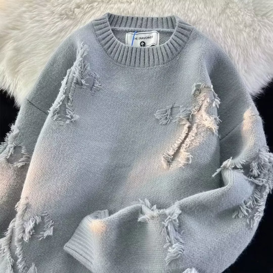 Autumn and Winter Rip Sweater Men's Crewneck Turtleneck Trendy Brand High Street American Style Retro Japanese Style Teenager Knitted Sweater QC-foto från 1688 på Qualit.ly