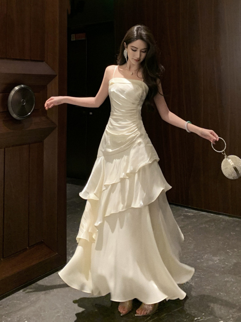 French High-end Long Ruffled Niche Light Luxury Slim-fit Sling dress Adult Ceremony Fishtail Birthday Gown