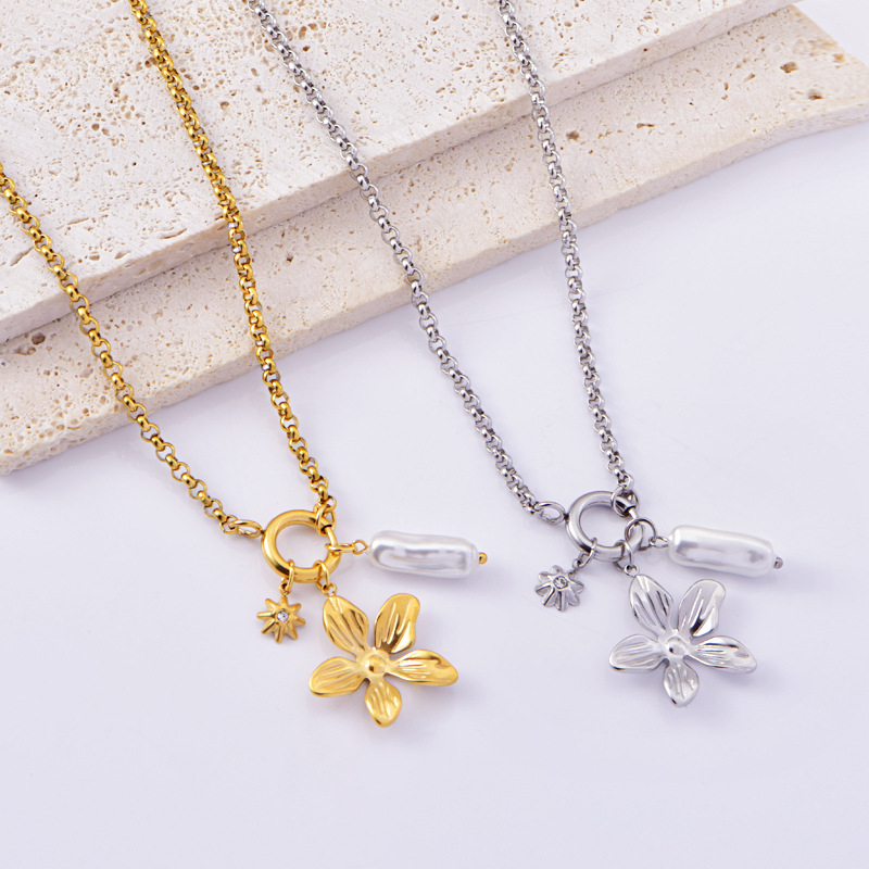 European and American fashion five-leaf flower mans star pearl sweater chain a three-wear jewelry necklace stainless steel plain ring chain women