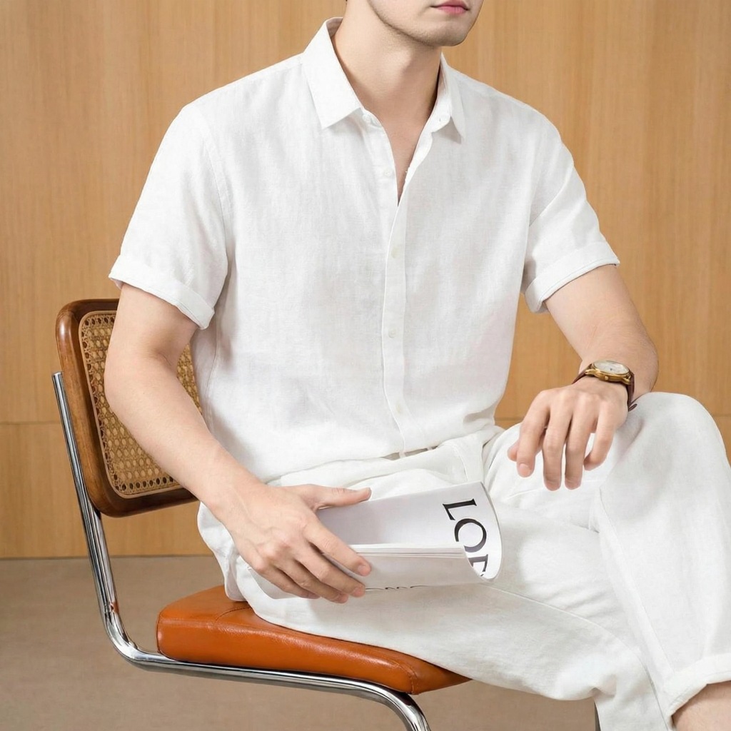 Men's Linen Lapel Short-Sleeved Cardigan, Slim-Fitting Simple Solid Color Shirt, Summer Breathable Business Casual Top