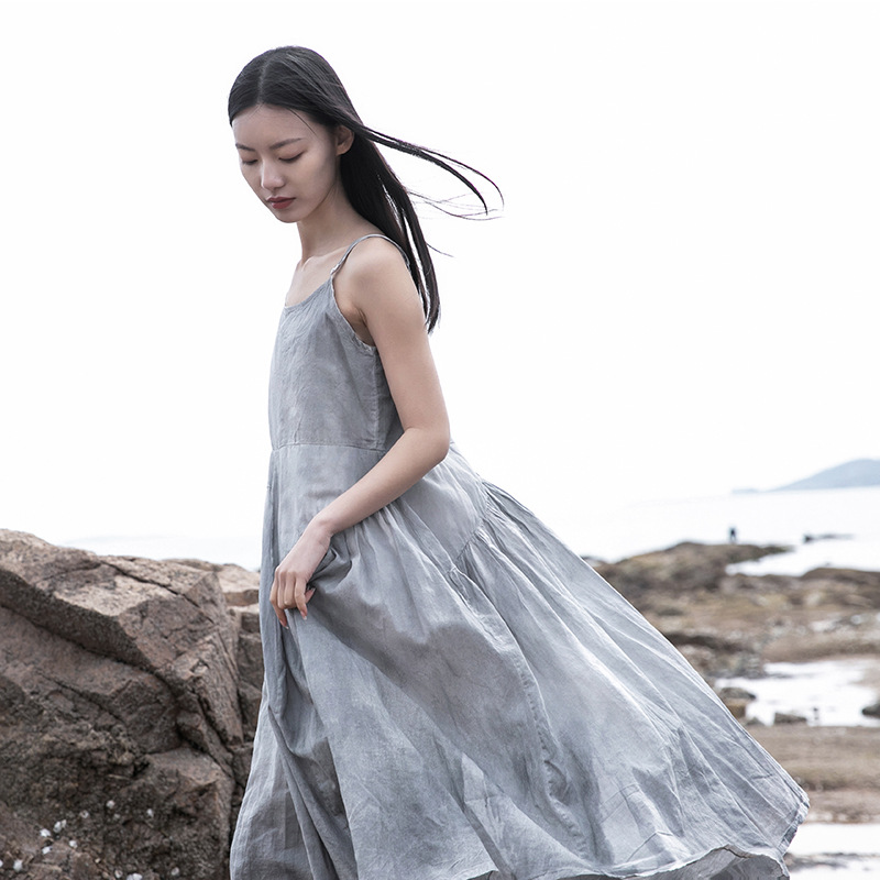 2026 Summer Collection: Handmade Irregular Double-Layered Large Hem Spray-Dyed Strap Long Dress for Women, Flowing and Ethereal