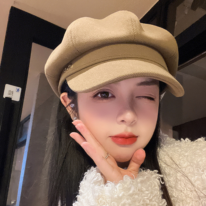 Octagonal Cap Women's Korean Style Face-Shown Small All-Match Beret Autumn and Winter Vintage Sanding Newsboy Cap Japanese Style Fashion Painters' Cap
