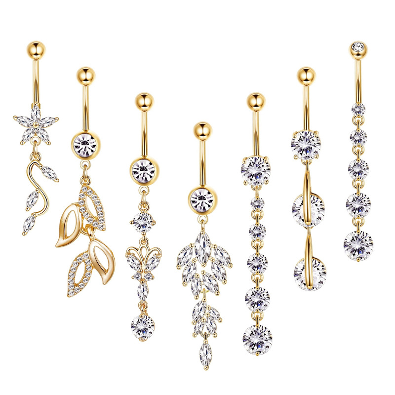 European and American Trendy Stainless Steel Navel Nail Leaf Tassel Earrings Fashion Zircon Gold Body Piercing Jewelry Wholesale