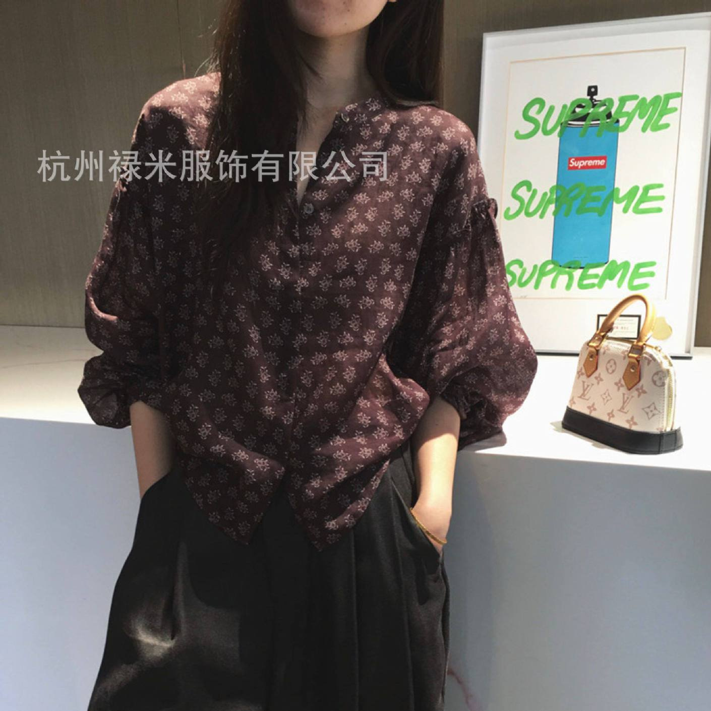 Refreshing and Breathable Fine Linen Fabric, Stand-Up Collar Loose-Fit Printed Top H36920, Available for Dropshipping