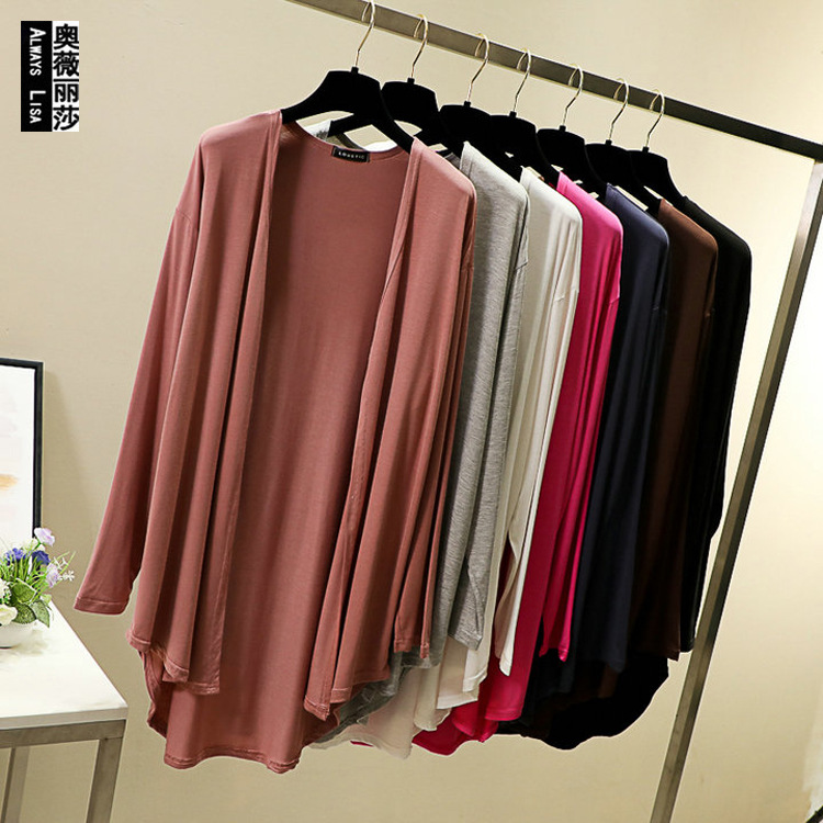 Modal Cardigan Women's Spring and Summer Large Size Loose Mid-Length Air-Conditioning Shirt Korean Style Pure Color Thin Outer Shawl Jacket