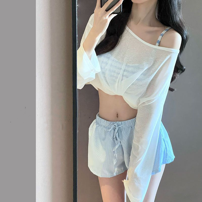 2026 Two-Piece Swimsuit for Women with Cover-Up, Blue Bikini, New Summer Style, Small Bust Push-Up, Beach Vacation Swimwear
