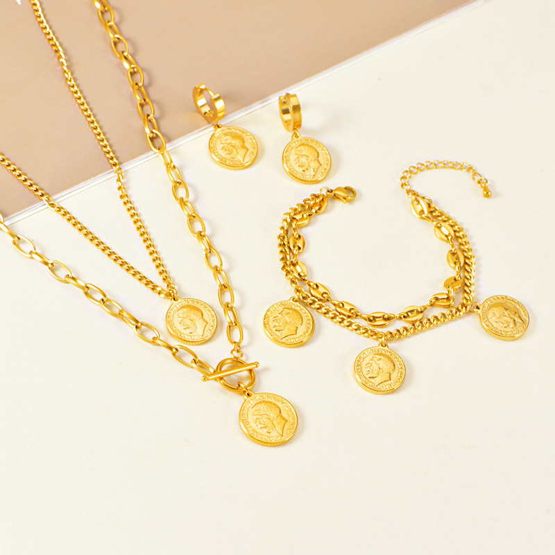 Cross-border Trendy Round Old Man's Head Buckle T-shirt Necklace Double-layer Stainless Steel Bracelet All-match Earrings suit Women