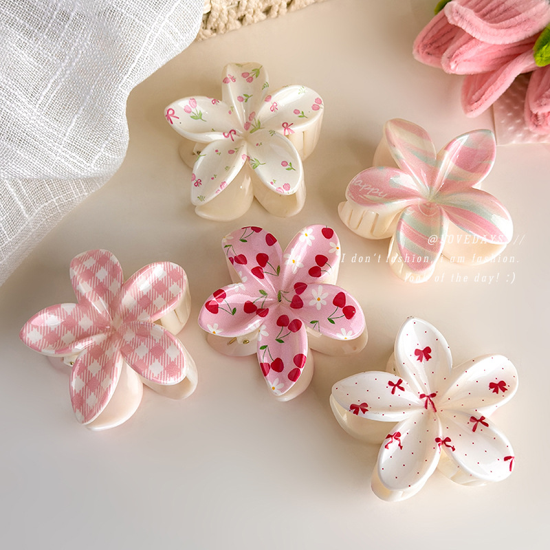 Pink and Cute Series of Hair Accessories, Plaid Bow, Cherry Plumeria Hair Clip, Girl's Hairpin on the Back of the Head, Hair Accessories for Women