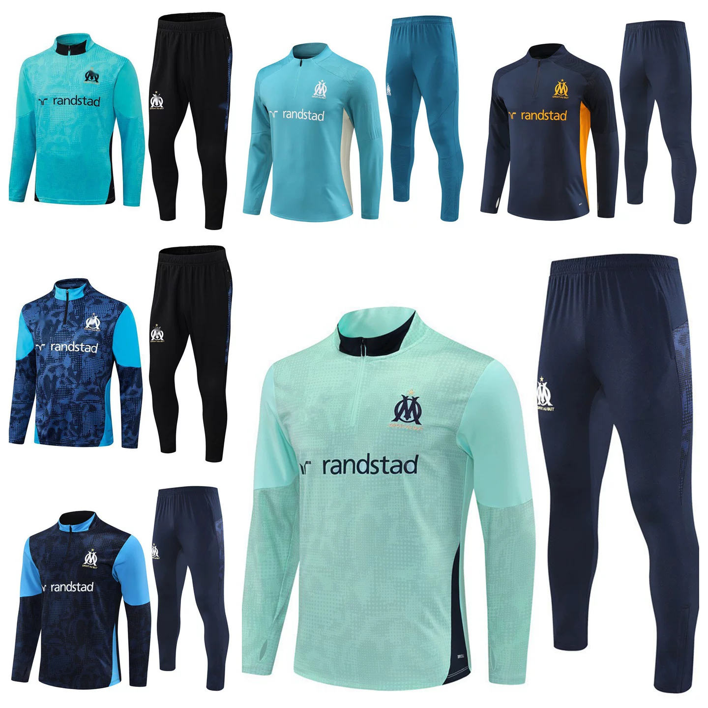 2425 Marseille Jersey Pre-Match Warm-Up Uniform Adult and Children's Football Uniform Half-Zip Long-Sleeved Training Uniform Set