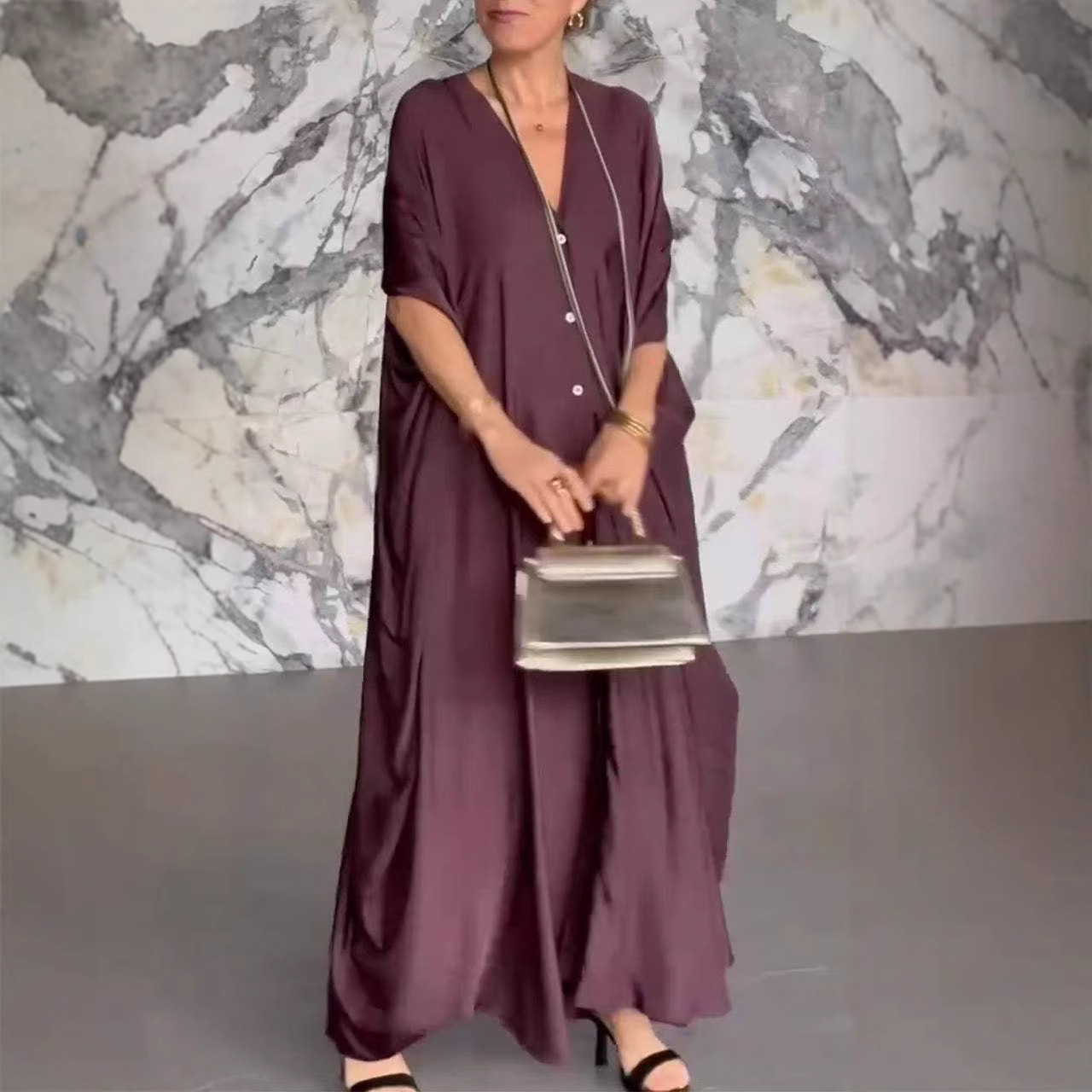 2025 New European and American Women's Cross-border Independent Station Explosions Women's V-Neck Satin Loose Casual dress