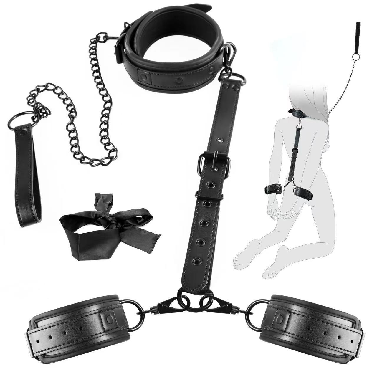 Leather Anti-handcuffs Collar with Metal Pull Chain Collar Eye Mask Women's SM Sex Toys Fun Supplies