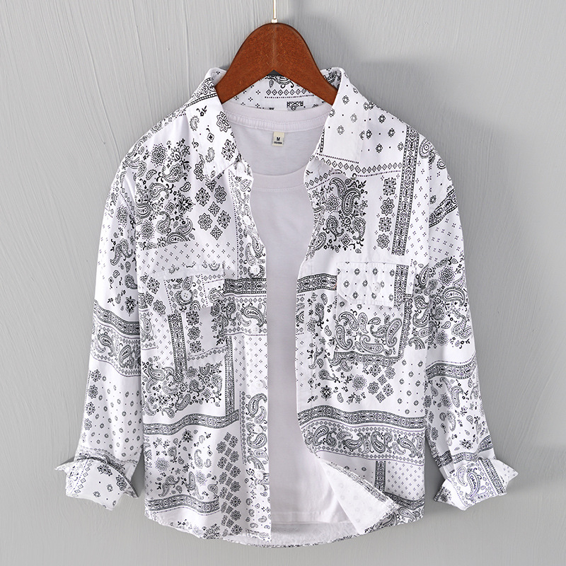1256 American Retro Fashion Printed Shirt Men's Cotton Loose Casual Long Sleeve Shirt Jacket Men's One Piece Hair