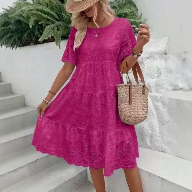 2026 European and American Cross-Border Summer New Solid Color Lace Hollow-Out A-Line Dress for Women, Loose Short-Sleeve Vacation Dress