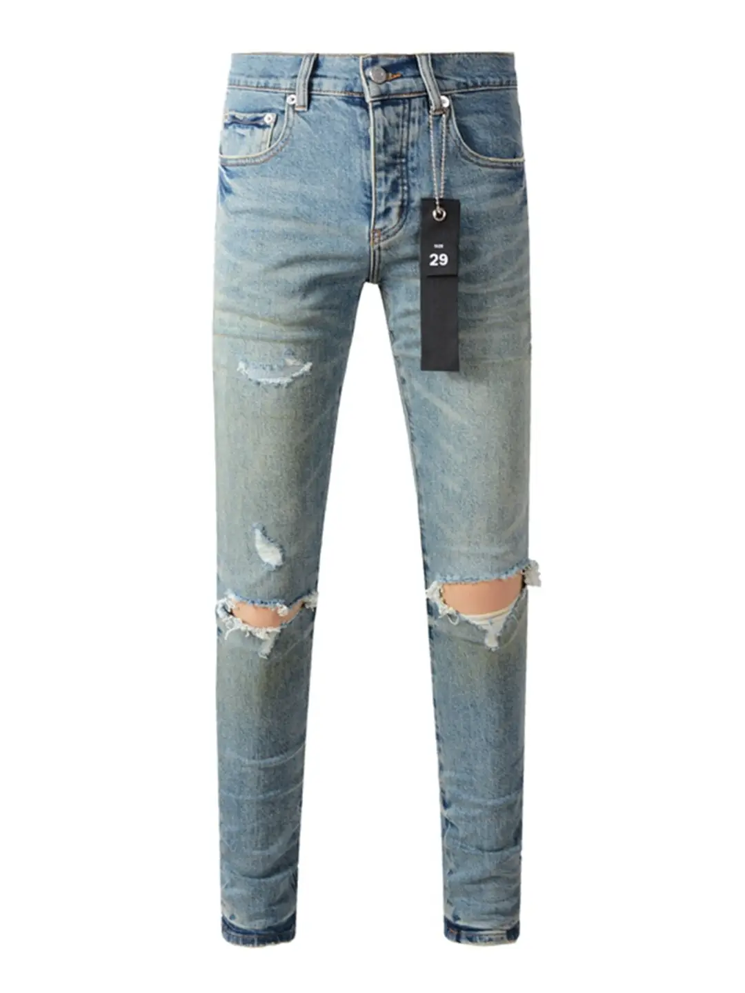 High Street Fashion Brand Pur New Men's Jeans with Large Knee Holes, Youth Stretch Slim Fit Skinny Pants