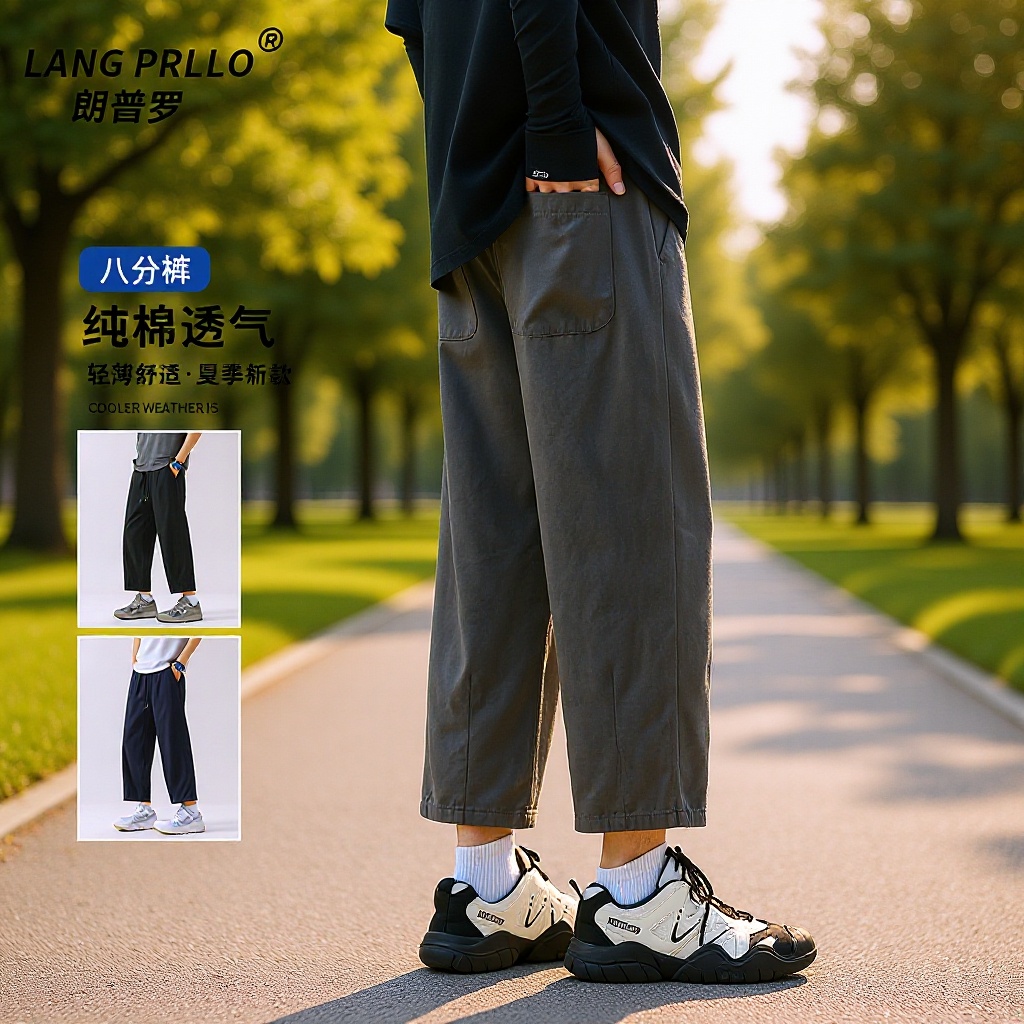 Men's Casual Pants American Style Cropped Pants Men's Summer Thin Loose Straight Nine-Point Pants Trendy Brand Sports Casual Pants