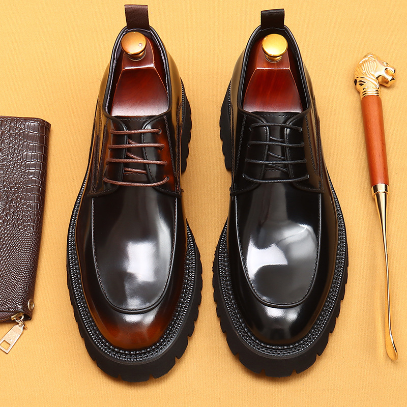 British Style First-Layer Cowhide Derby Shoes for Men, High-End Genuine Leather Round-Toe Lace-Up Thick-Soled Glossy Business Casual Leather Shoes