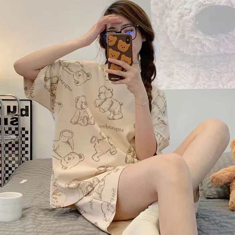 Summer Pajamas for Women, Short-Sleeved, Cute Cartoon Style, Thin, Loose, Large Size, Pure Cotton Home Wear Set, Can Be Worn Outside, Spring and Autumn Style
