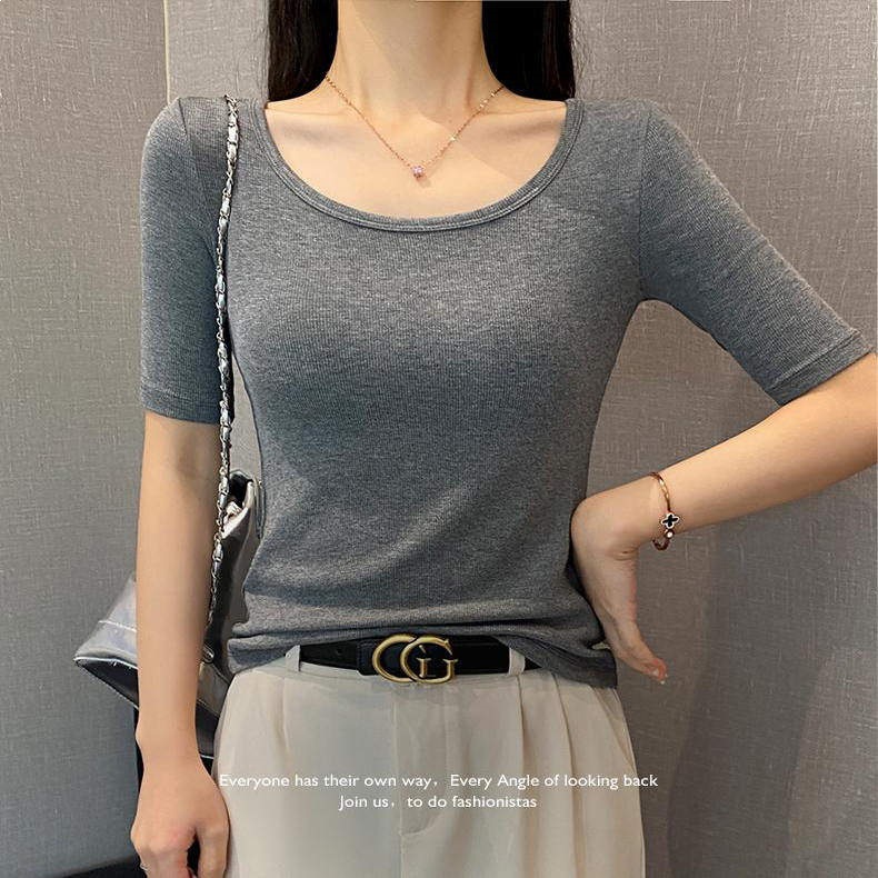 2026 Summer New Style Ribbed Round Neck Mid-Sleeve T-Shirt for Women, Slim-Fit Half-Sleeve Base Shirt, Inner Wear with Five-Quarter Sleeves
